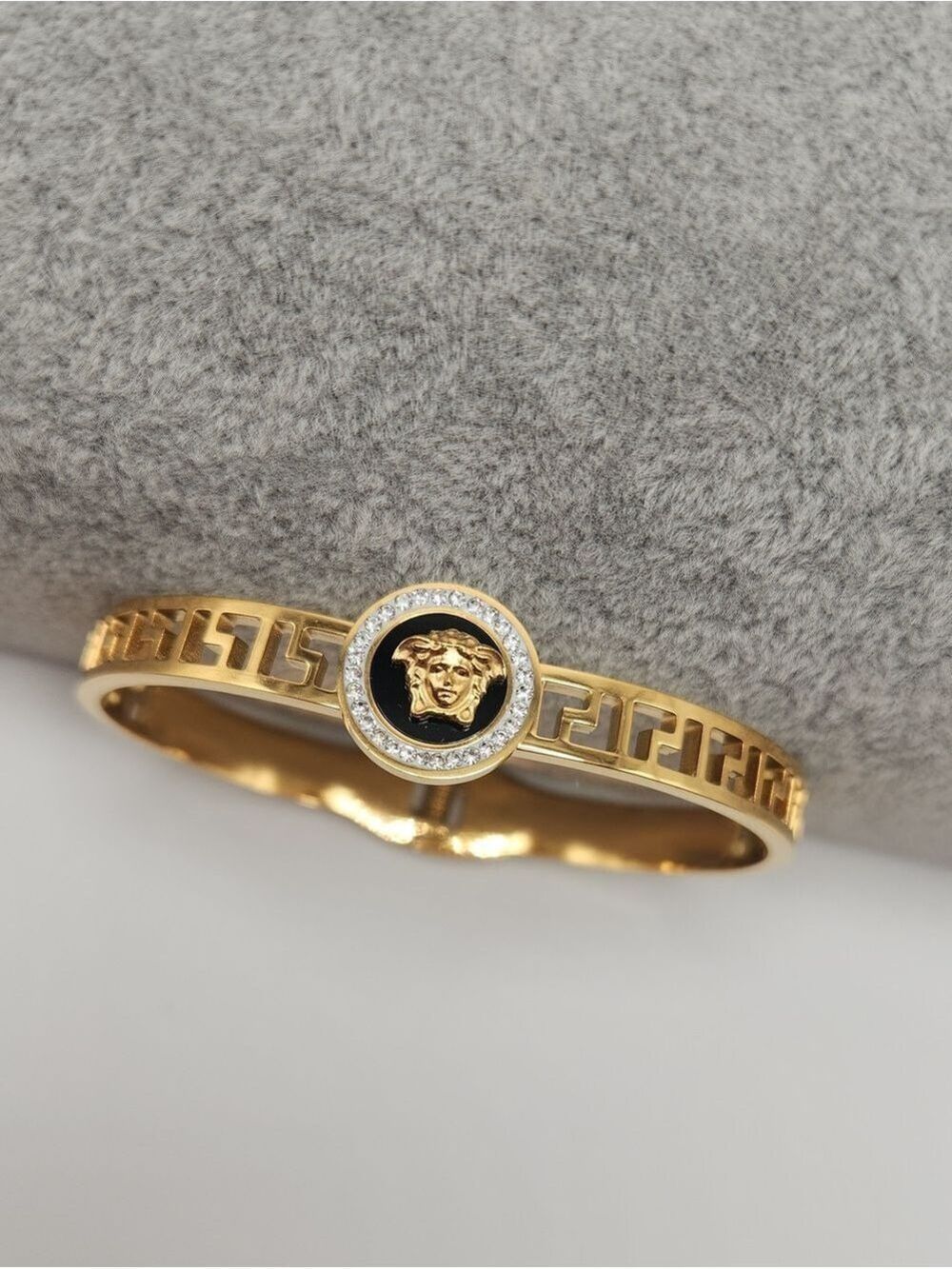 18k Gold Plated Stainless Steel Greek Key Medusa Bangle Bracelet Jewelry